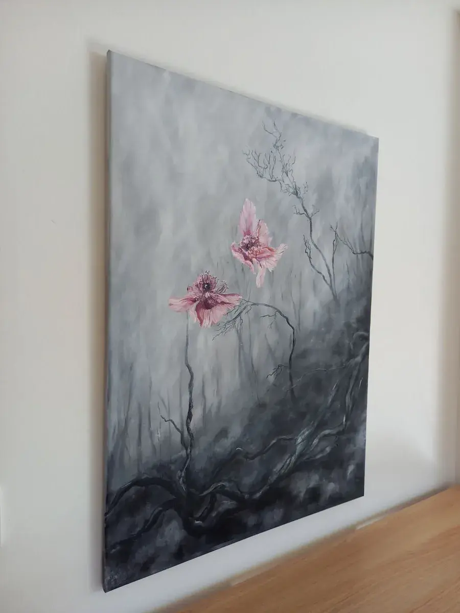 "Les Cendres" – Tableau floral contemporain en huile sur toile - Fait main - Made in France - Déco salon bohème
