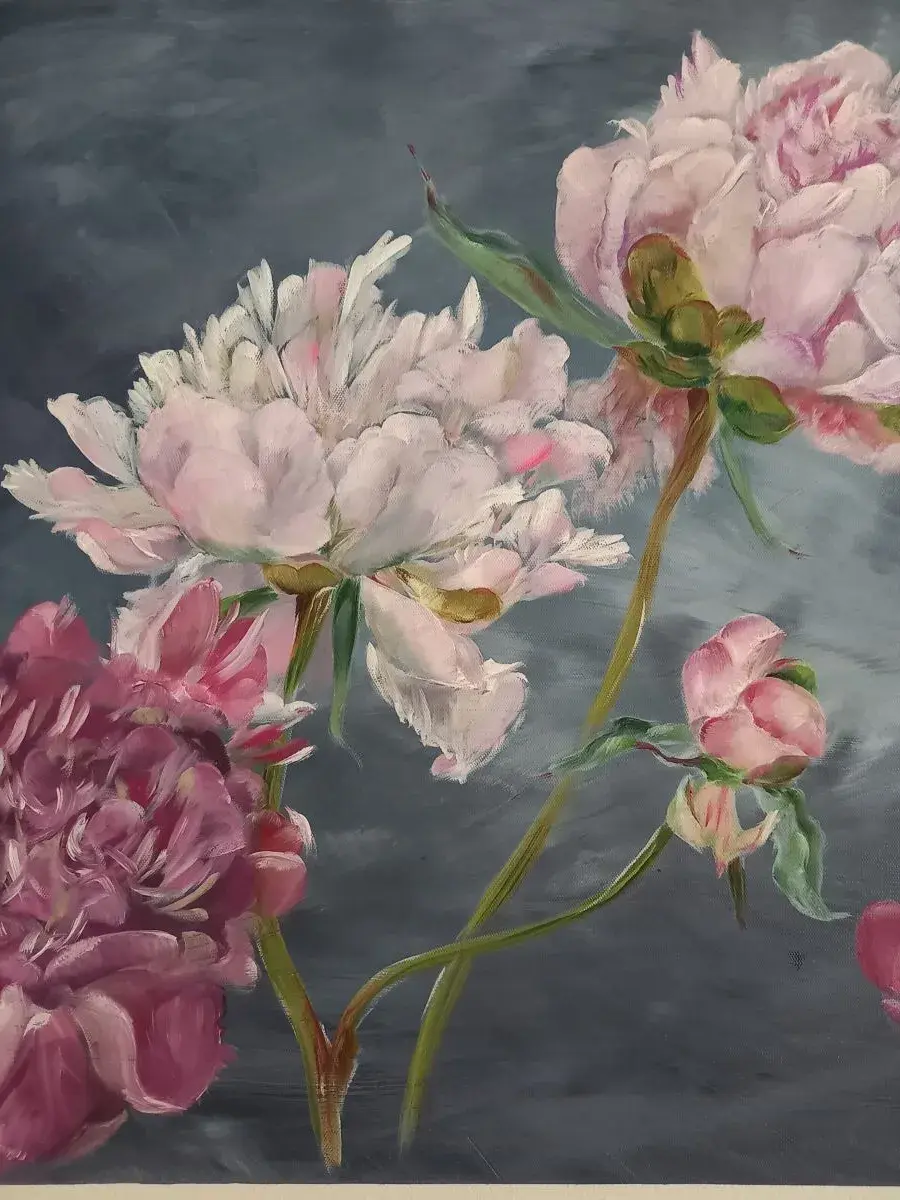 "Pivoines au crépuscule" – Tableau floral original en huile sur toile - Fait main - Made in France - Déocration murale