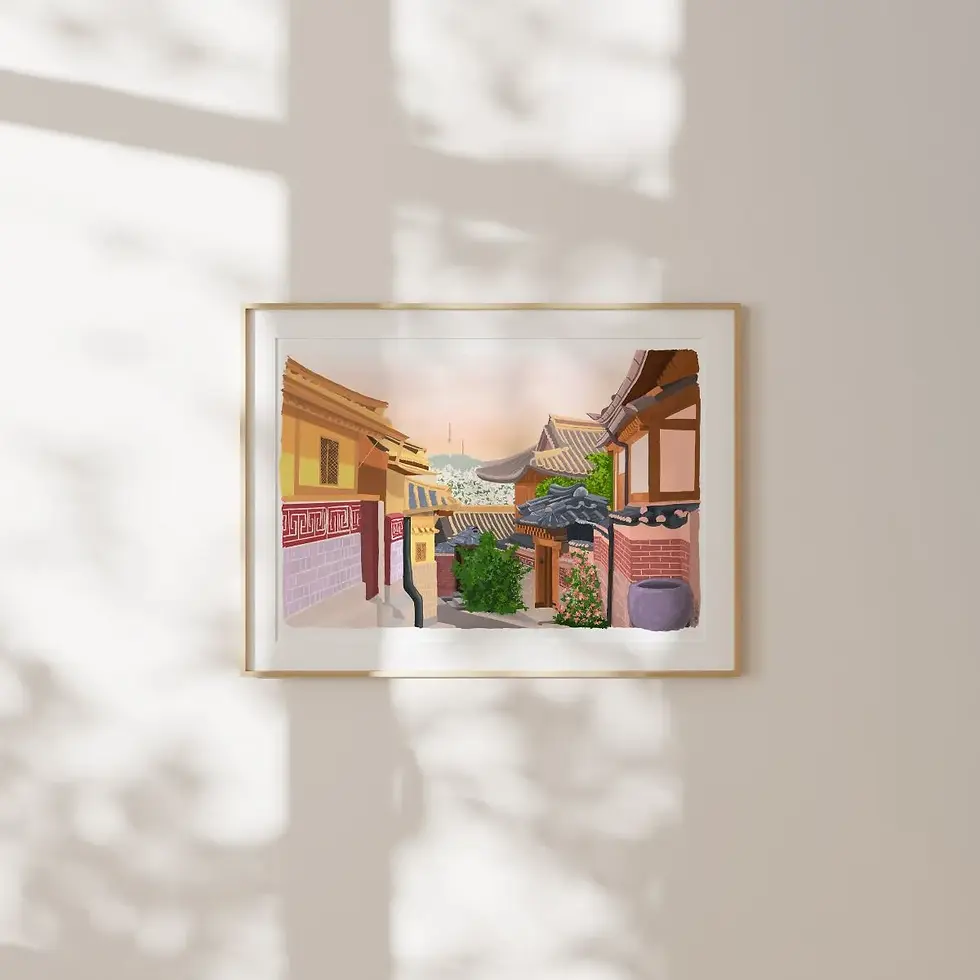 Thumbnail: Illustration Bukchon - Vue sur le quartier traditionnel de Bukchon, Séoul - Fait main - Made in France - Déco salon