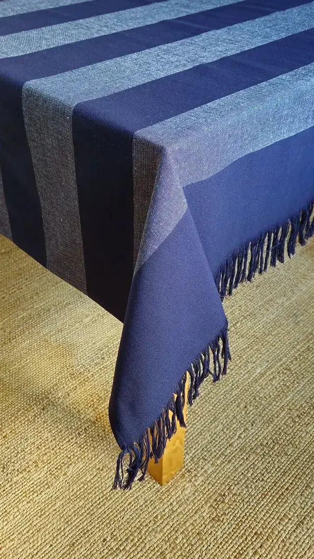 Nappe & Jeté en Coton Bio – Rayures Indigo & Écru – Fabrication française - Décoration printemps