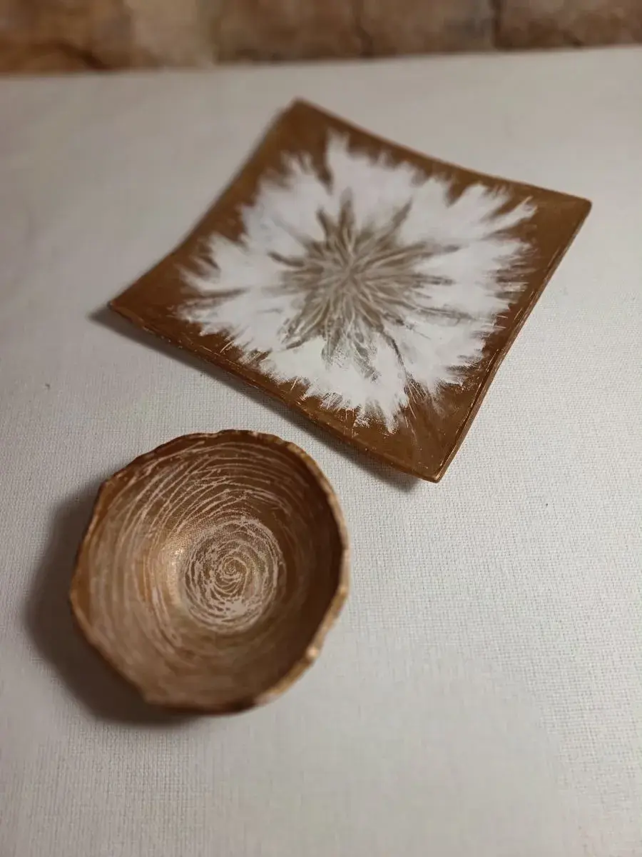 Miniature : SPIRIT – Vide-poche et coupelle en faïence blanc et or | Pièces artisanales - Fait main - Art déco