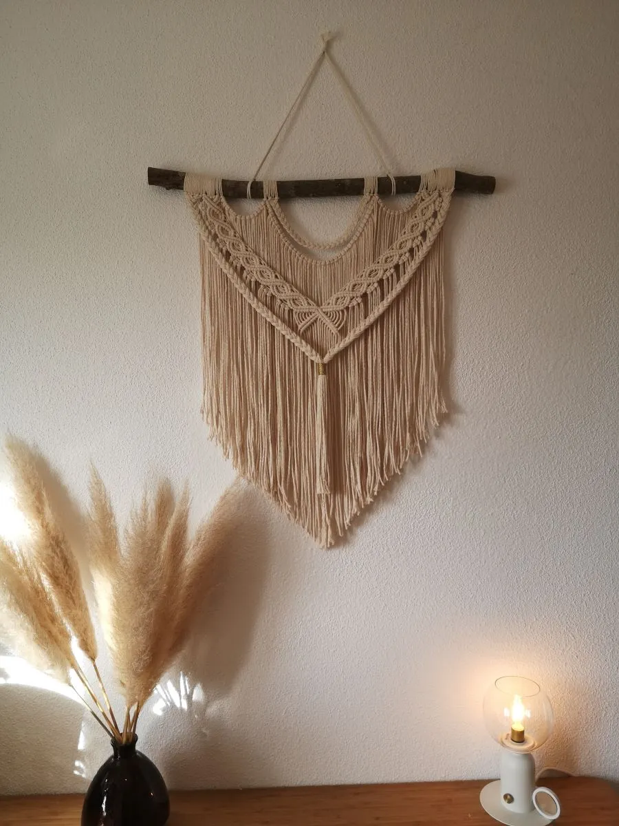 Décoration Murale : Tenture Macramé et Bois Naturel - Fait main - Made in France