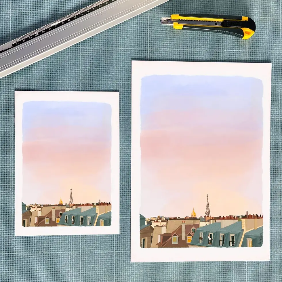Thumbnail: Illustration Paris - Vue romantique sur les toits - Fait main - Made in France - Idées cadeaux