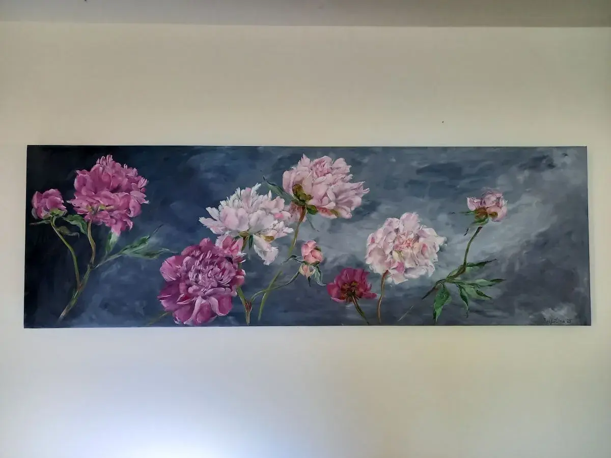 "Pivoines au crépuscule" – Tableau floral original en huile sur toile - Fait main - Made in France