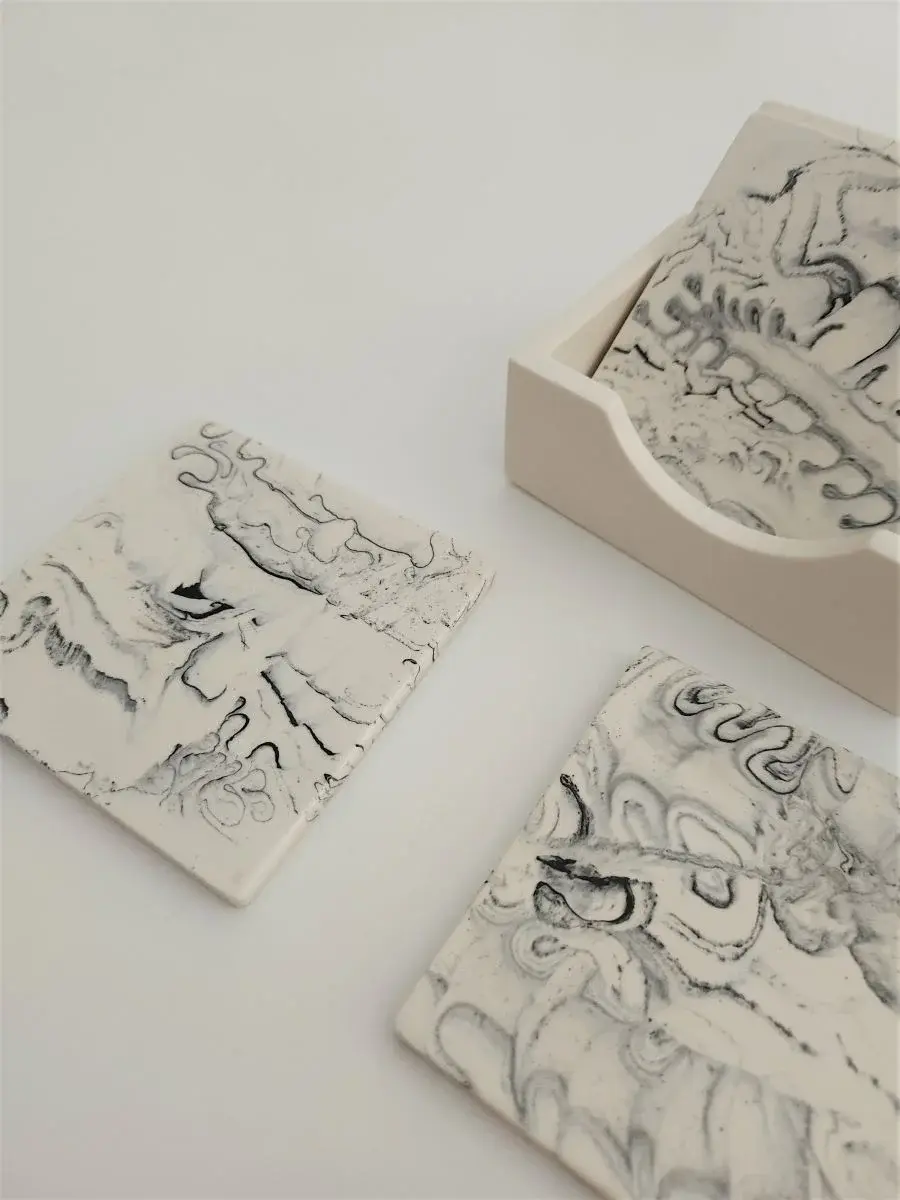 Thumbnail: Lot de 4 dessous de verre carré effet marbré blanc et noir - Dessous de verres decoratif - Deco boheme – Art de la table