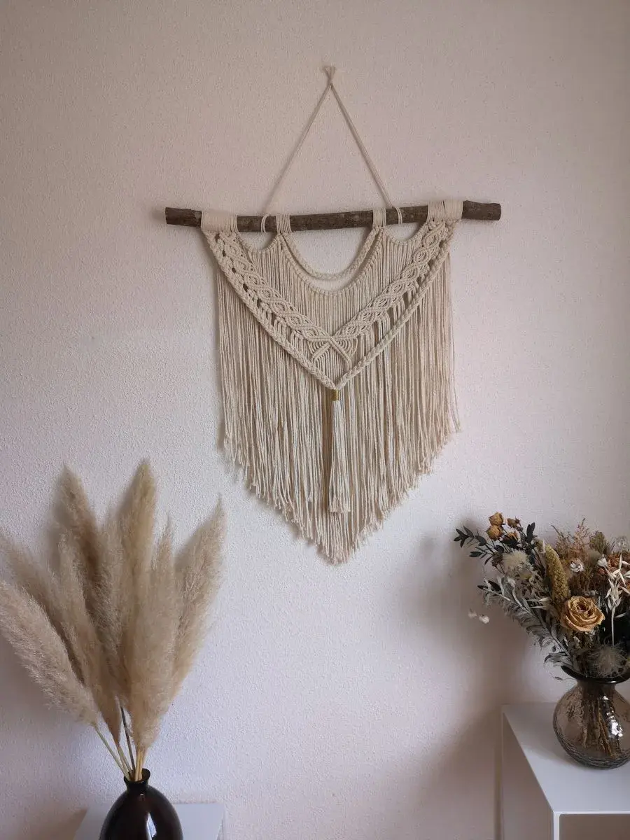 Miniature : Décoration Murale : Tenture Macramé et Bois Naturel - Suspension murale macramé - Déco bohème - Idées cadeau