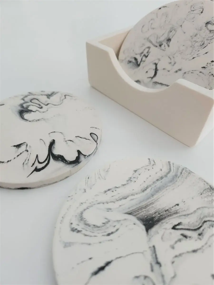 Miniature : Lot de 4 dessous de verre rond effet marbré blanc et noir - Dessous de verres - Deco interieur – Art de la table – Deco table