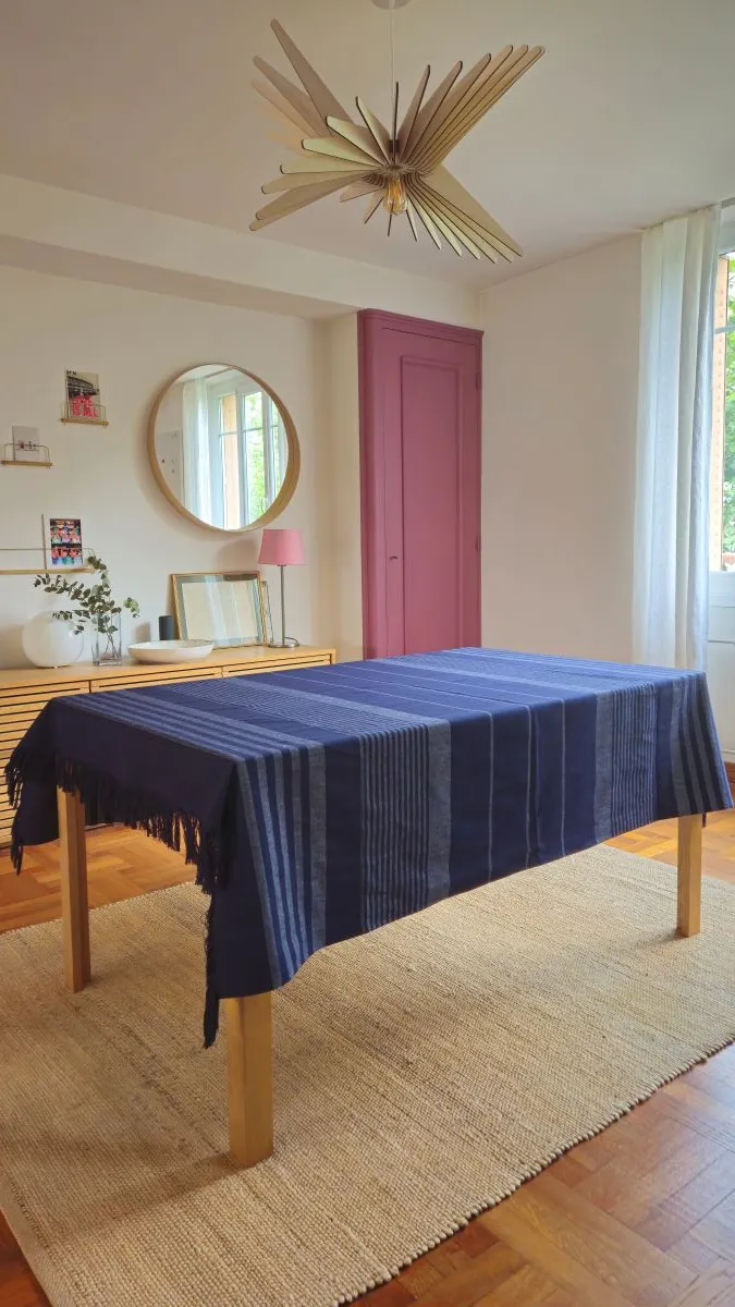 Nappe & Jeté en Coton Bio – Rayures Indigo & Écru – Fabrication française - Idées cadeaux