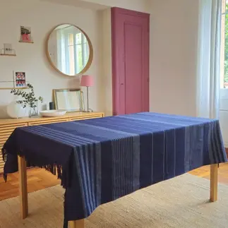 Nappe & Jeté en Coton Bio – Rayures Indigo & Écru – Fabrication française - Idées cadeaux