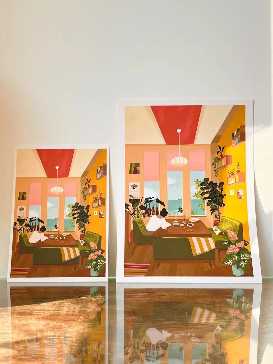 Thumbnail: Illustration A Coffee With A View - Seogwipo - Fait main - Made in France - Déco murale boho