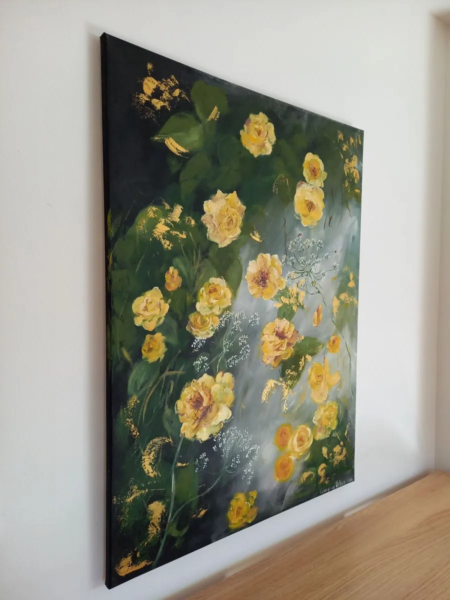 "Les Roses Jaunes" – Tableau floral lumineux en huile sur toile - Fait main - Made in France - Tableau décoratif