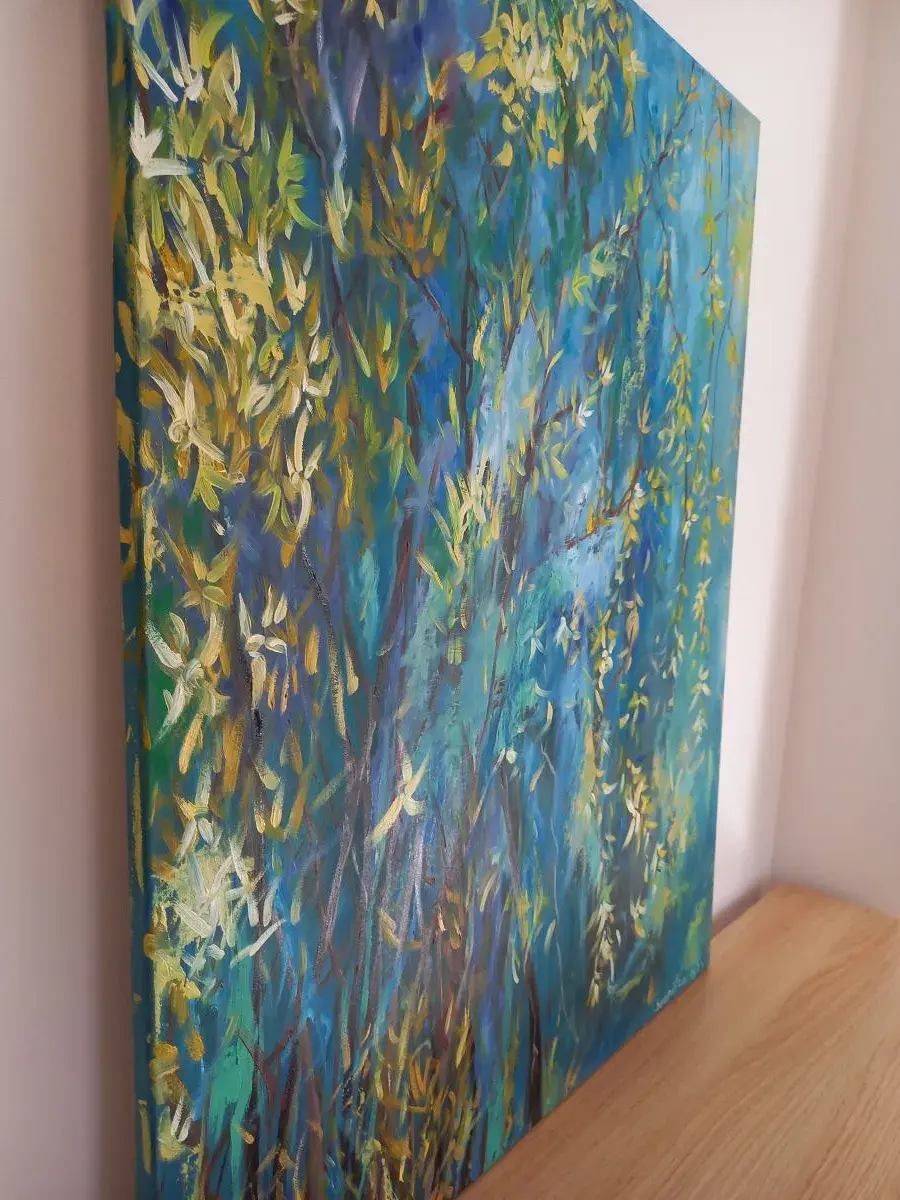 Tableau "Forsythia" – Œuvre florale unique en huile, éclats dorés - Fait main - Made in France - Home decoration boho