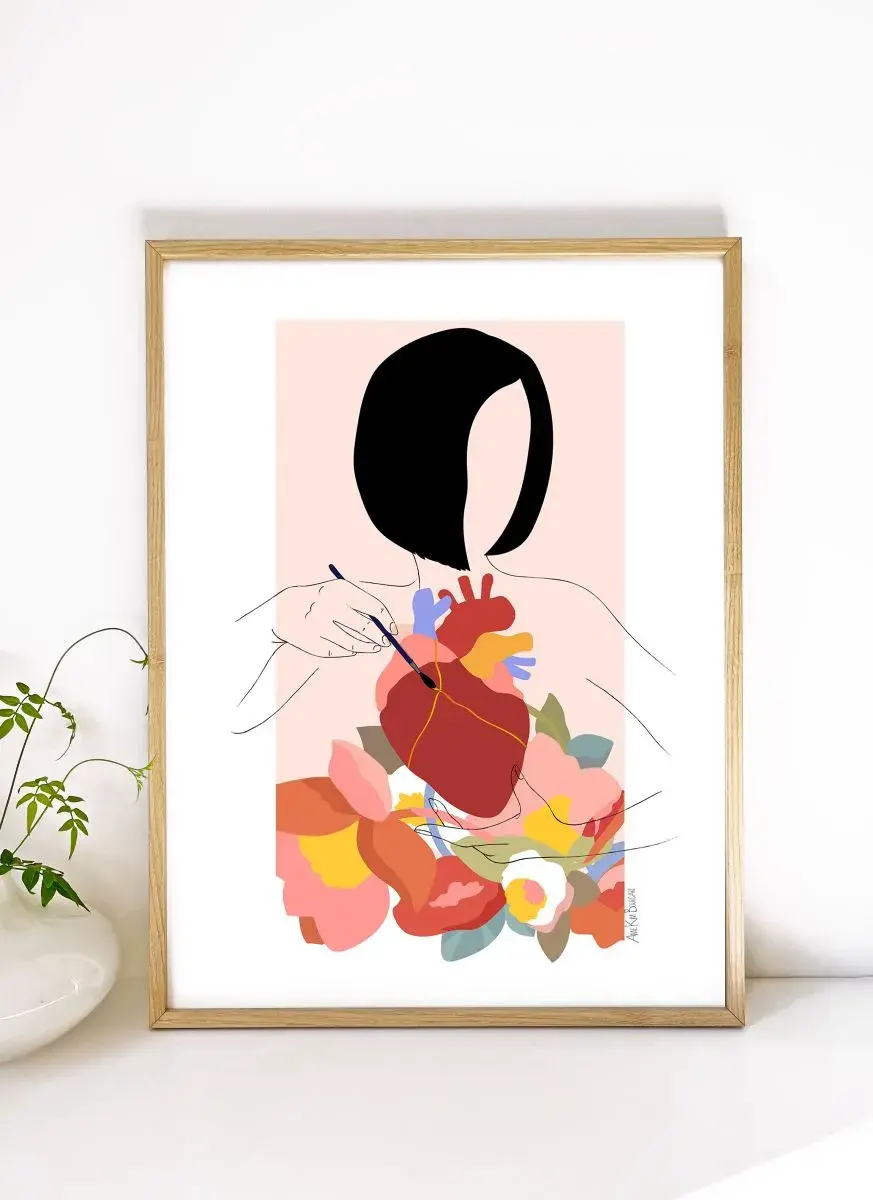 Illustration Kintsugi | Portrait d’une femme avec cœur fleuri - Fait main - Made in France - Déco boho