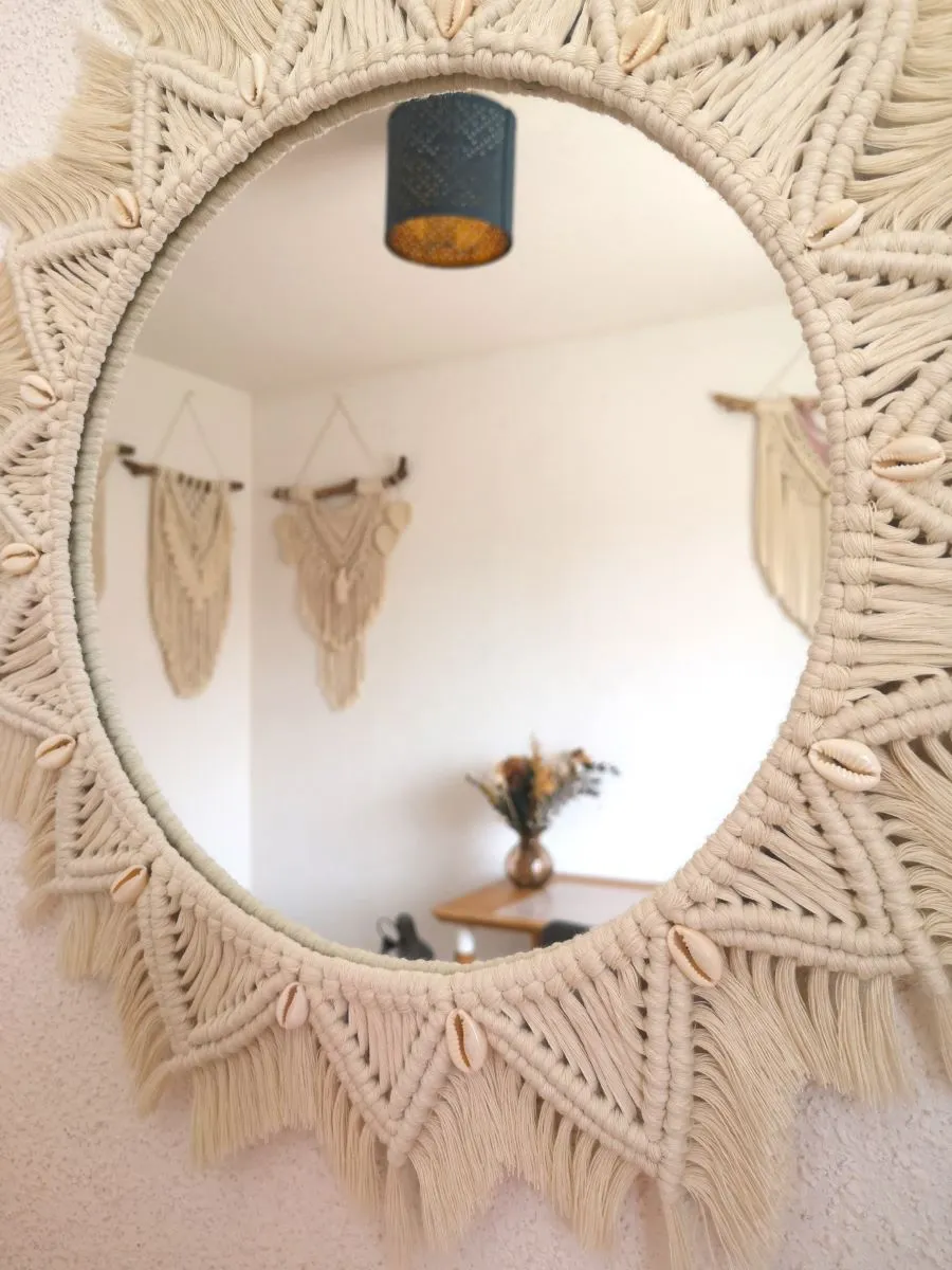 Miroir Bohème Coquillage et Macramé : Touche Naturelle et Élégante - Décoration murale - Fait main - Made in France