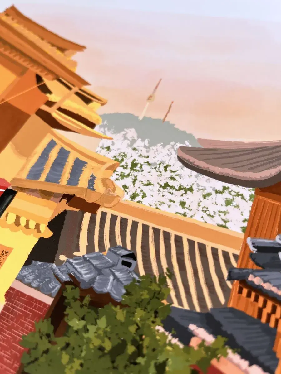 Thumbnail: Illustration Bukchon - Vue sur le quartier traditionnel de Bukchon, Séoul - Fait main - Made in France - Ambiance boho