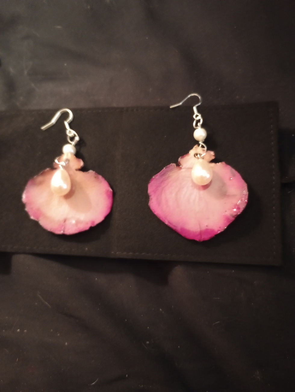 Pressed Rose Petals in Resin and Faux Pearl Earrings