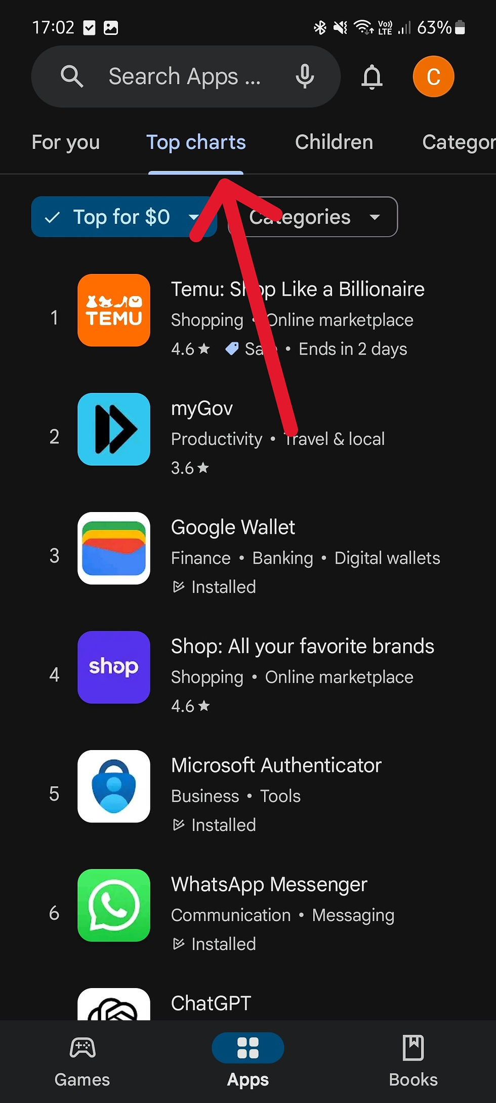 Google Play store top charts