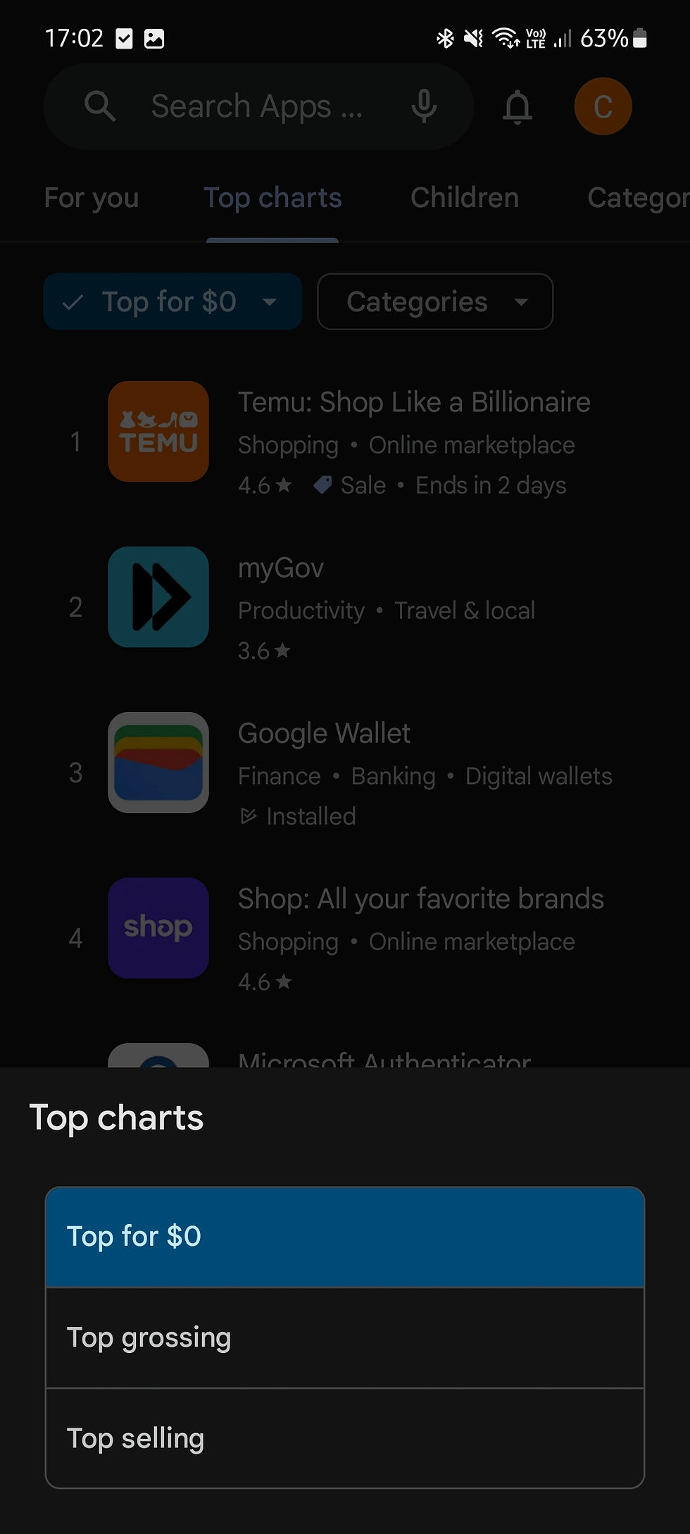 Google Play store top free charts