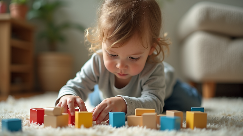 Close-up view of a child playing with building blocks