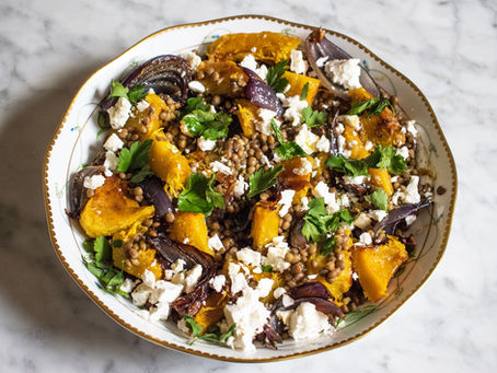 Lentils with feta, roast pumpkin and red onions