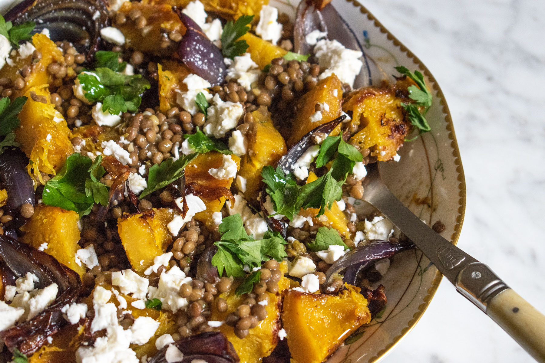 Lentils with feta, roast pumpkin and red onions
