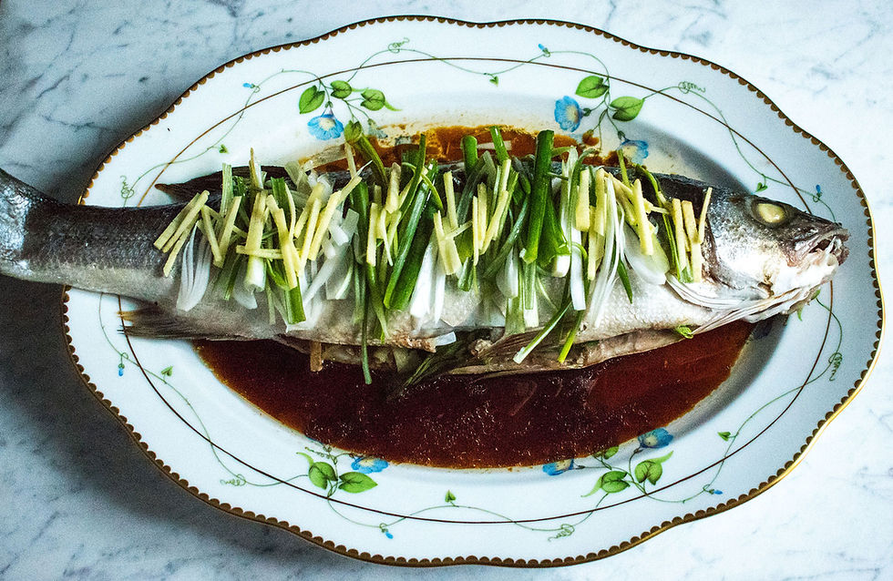 Cantonese style sea bass with ginger and spring onions