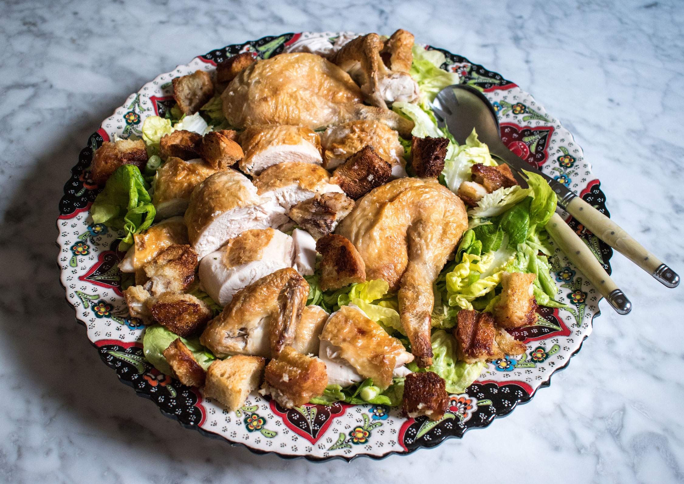 Roast chicken salad with bread, tarragon and spring onions