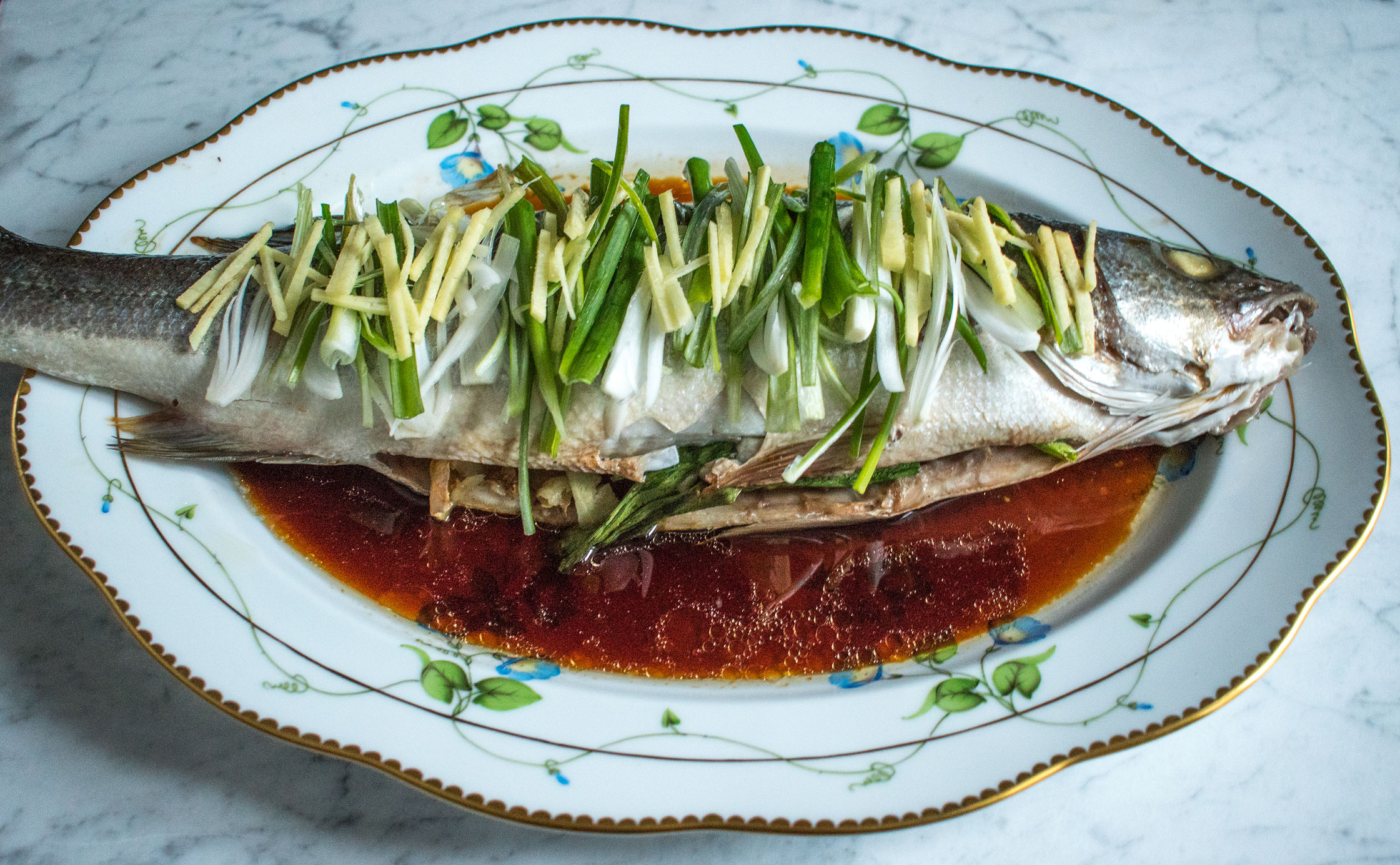 Cantonese style sea bass with ginger and