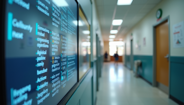 Eye-level view of a school hallway with digital signage displaying educational resources