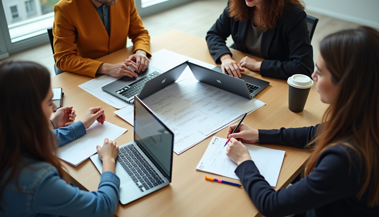 High angle view of a group of educators collaborating around a table with laptops and notes