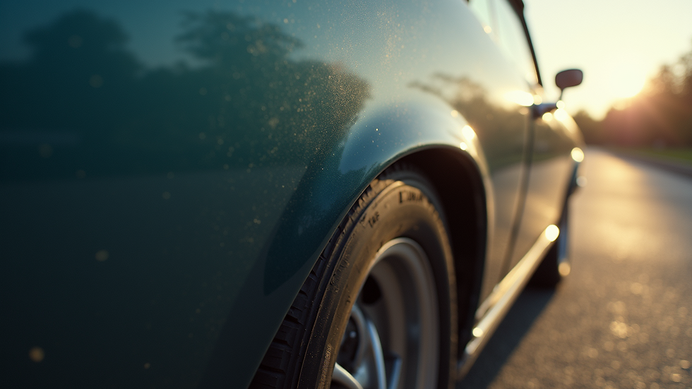 Eye-level view of a classic car’s fender with fresh body filler applied