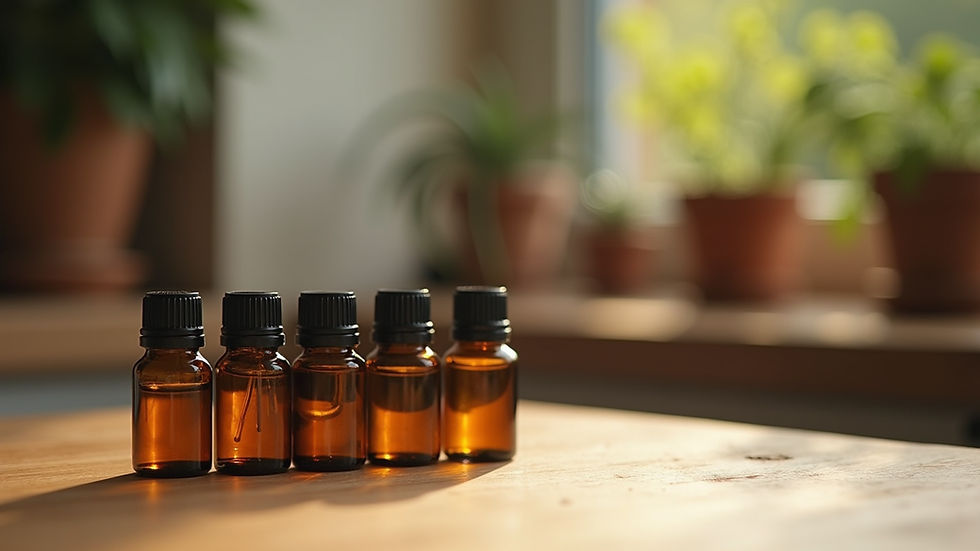 eye-level view of essential oil bottles arranged neatly on a wooden table