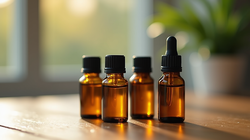 Close-up view of essential oil bottles arranged on a wooden table