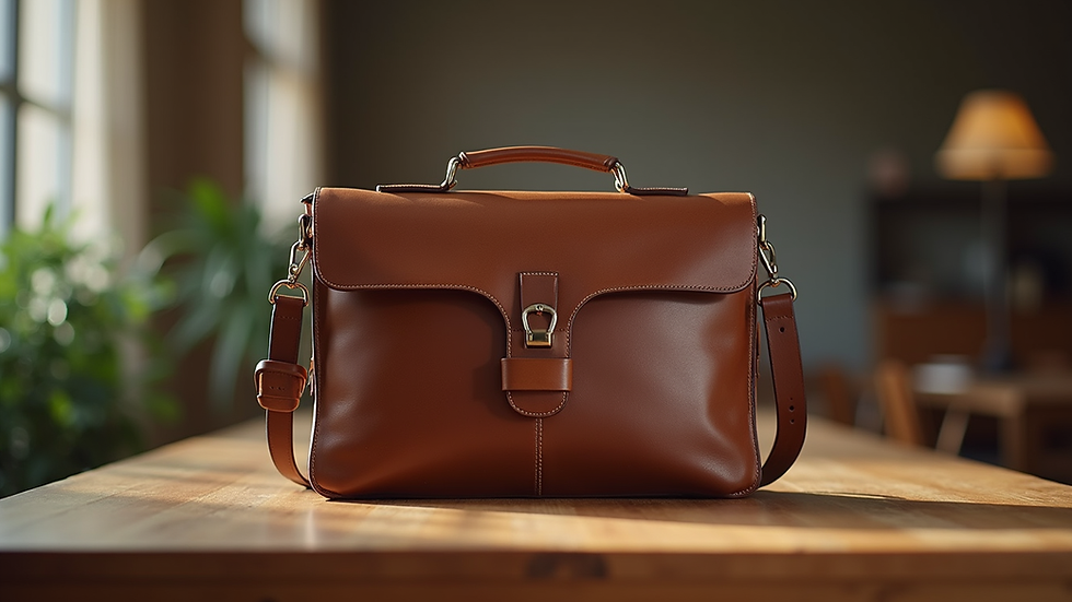 Eye-level view of a leather bag resting on a wooden table