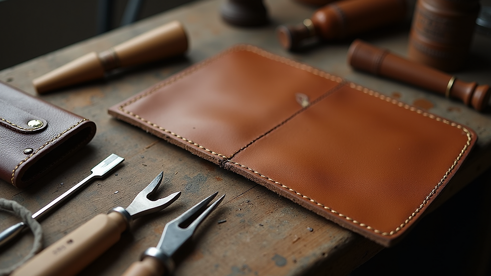 High angle view of leather pieces and tools on a workbench