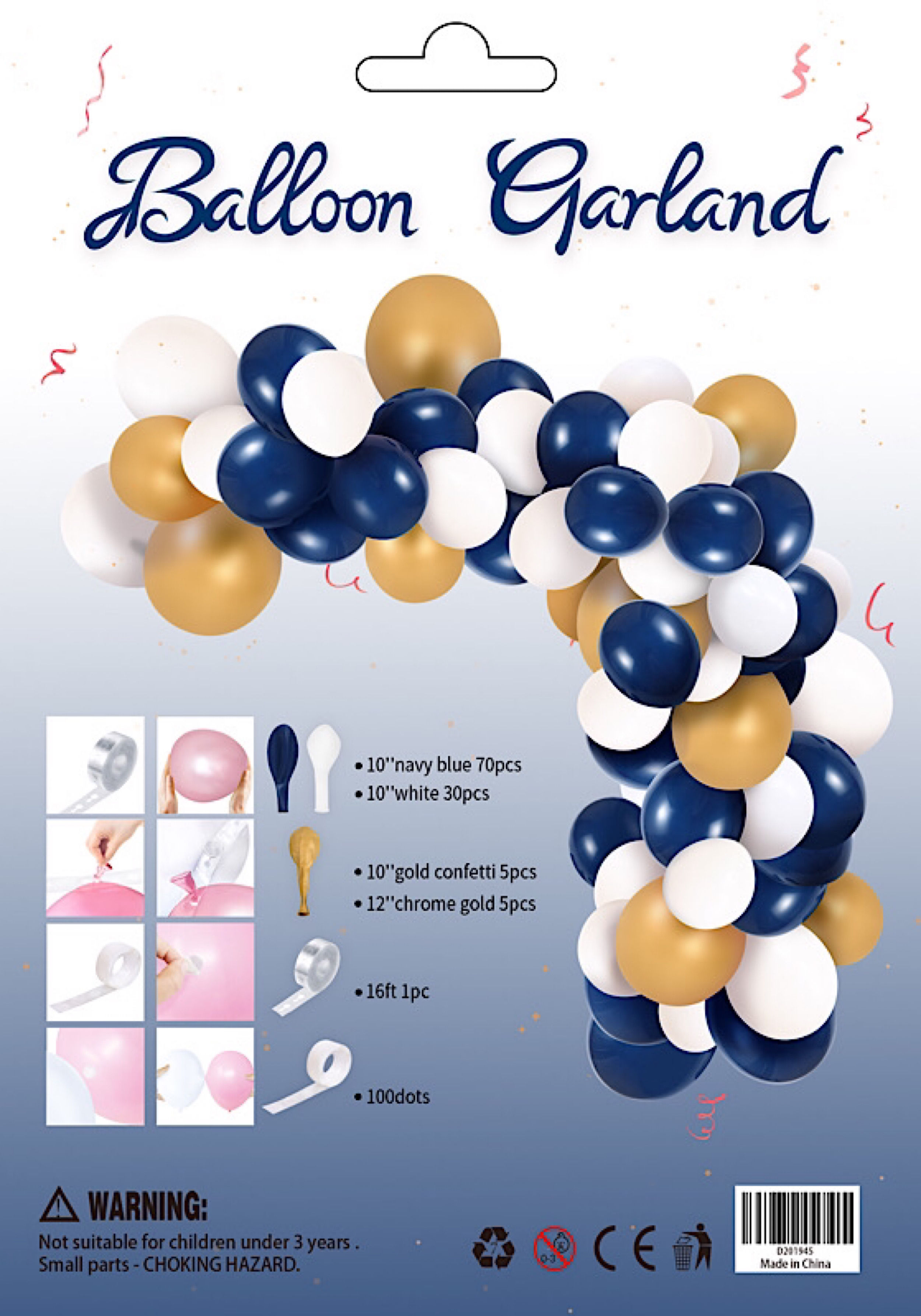 Balloon Arch Garland Navy Gold & White 110 piece set