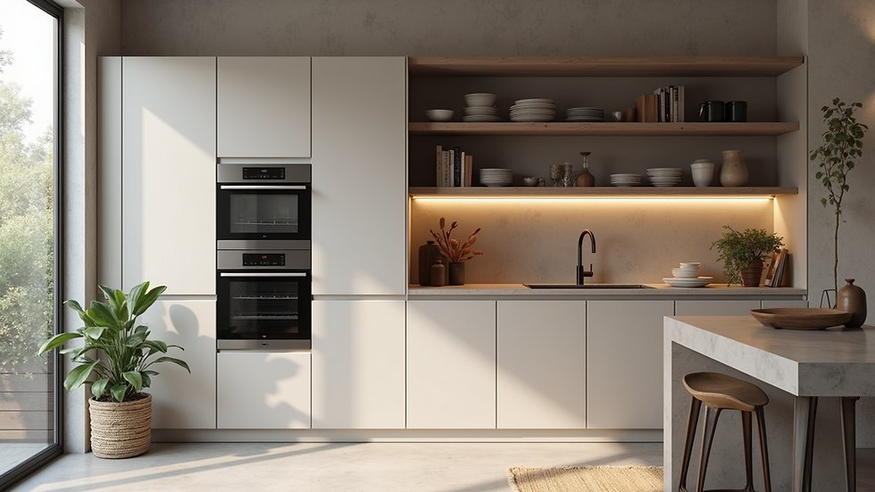 High angle view of a modern kitchen with integrated appliances and open shelving