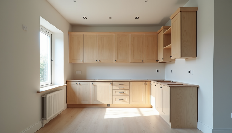 Eye-level view of a modern kitchen under renovation with cabinets and countertops being installed