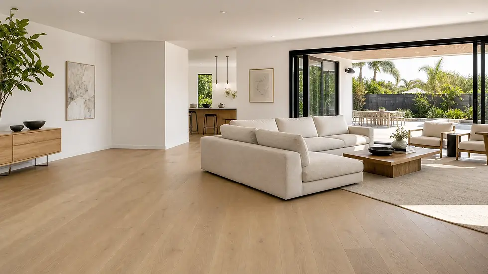 Professional flooring installation services near me in San Diego featuring new light oak flooring in a remodeled living room