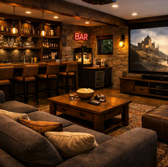 Rustic home theater and bar garage conversion with sectional sofa, projector screen, and illuminated liquor shelves.