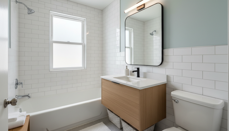 Eye-level view of a bathroom with new tile and fixtures but the same original layout