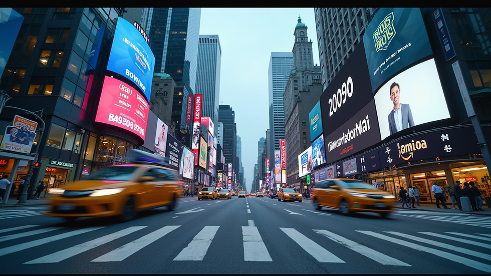 Eye-level view of a modern urban landscape with digital billboards