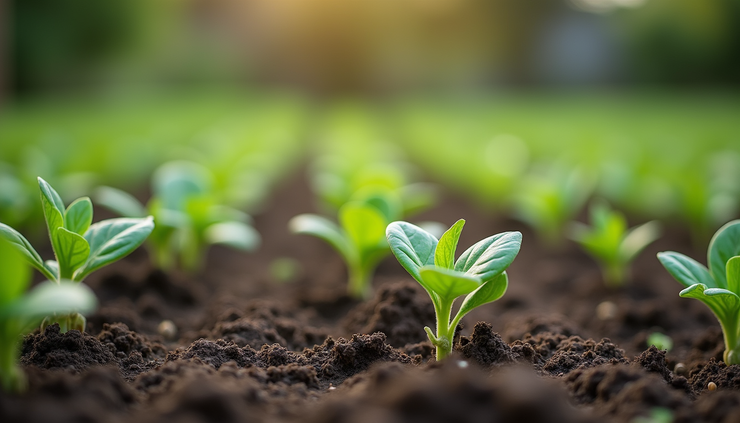 Eye-level view of a small backyard garden with young plants growing in neat rows