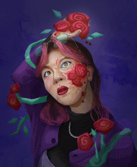 A portrait of an East Asian woman with red roses growing out of her skin.