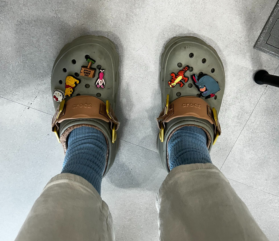 My teaching crocs! These help my feet stay comfortable as I'm on my feet for a lot of time during the day. I used to have snorlax on my right croc but it was stolen by my dog, Mocha.