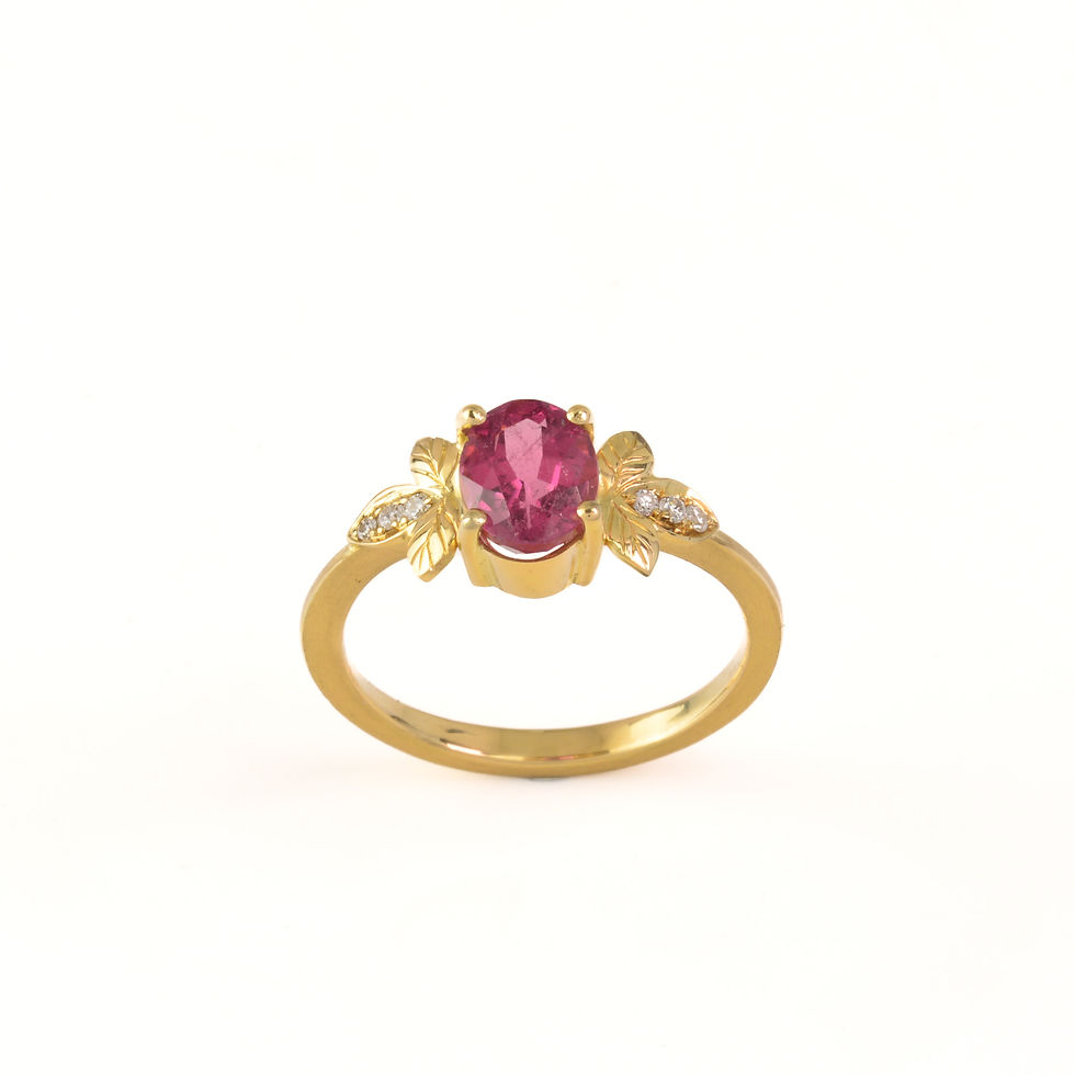 Miniaturbild: Gelbgold Ring mit pinken Edelstein, Turmalin und Brillant, Ring mit Blättern