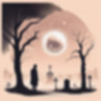 A dark form standing in a cemetery with a orb hovering above