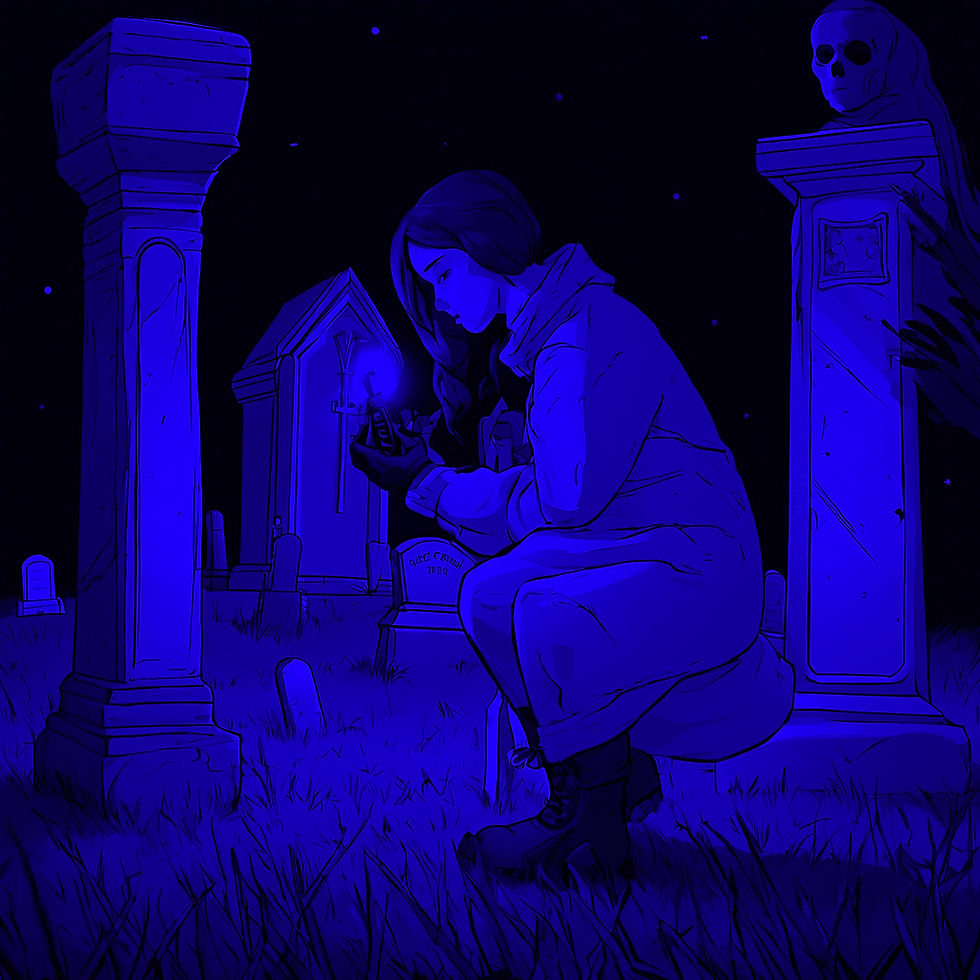 A female ghost investigator holding equipment in a dark graveyard