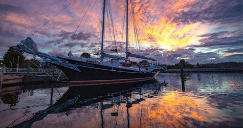 Schooner docked at Sunset on West Grand Traverse Bay