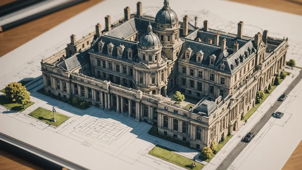 Close-up view of a student's drawing portfolio showcasing architectural designs